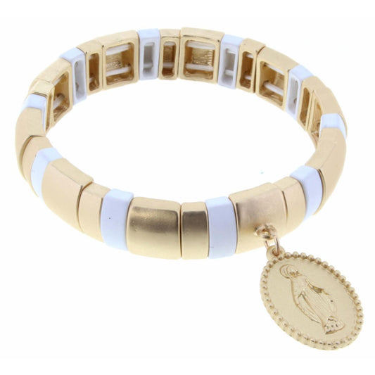 Gold & White Metal Beaded Stretch with Virgin Mary Bracelet