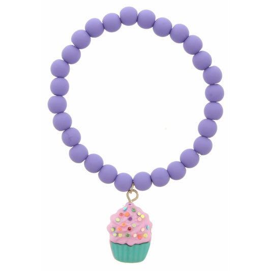 Kids Purple Matte Rubber Beaded Stretch with Polymer Cupcake Bracelet