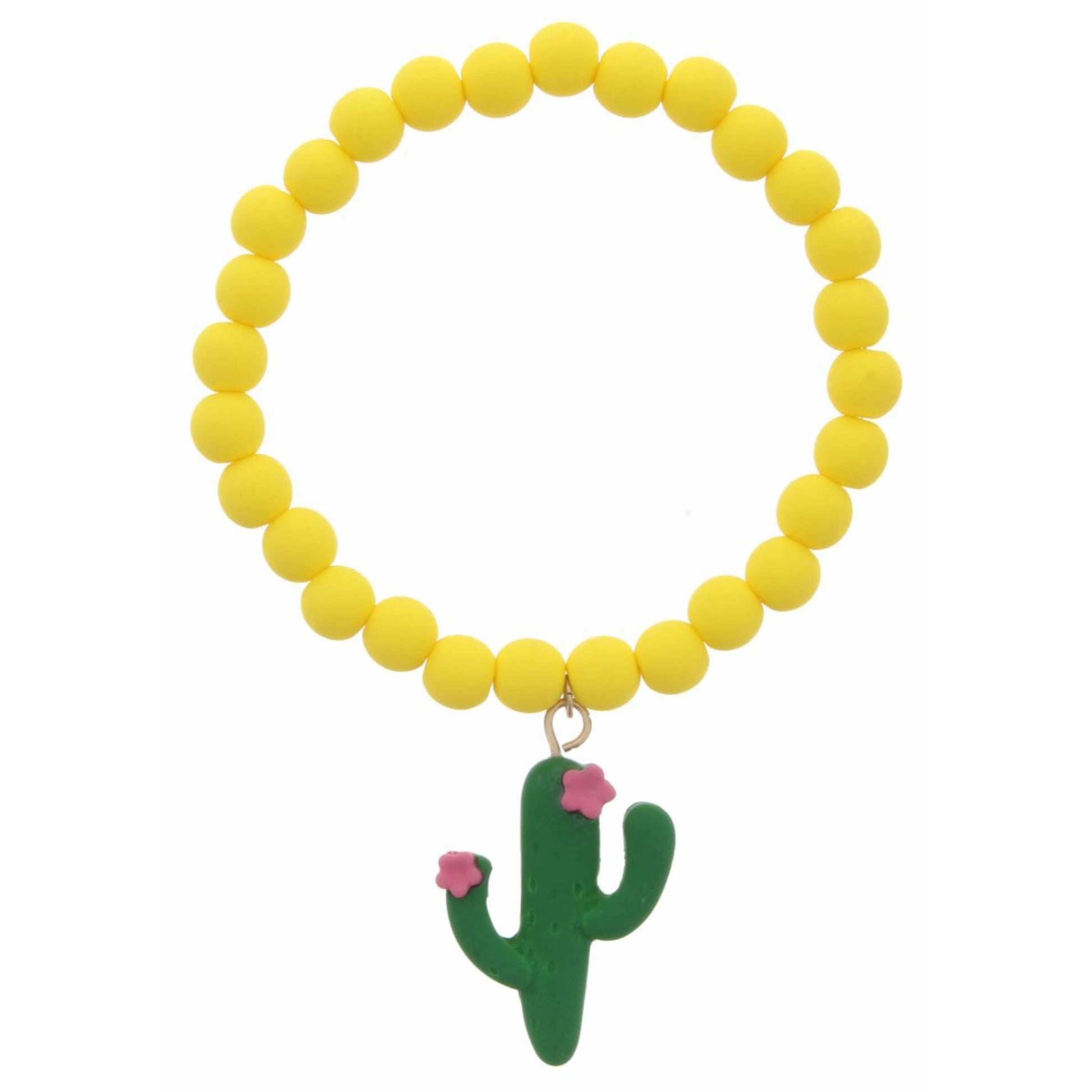 Kids Yellow Matte Rubber Beaded Stretch with Polymer Cactus Bracelet