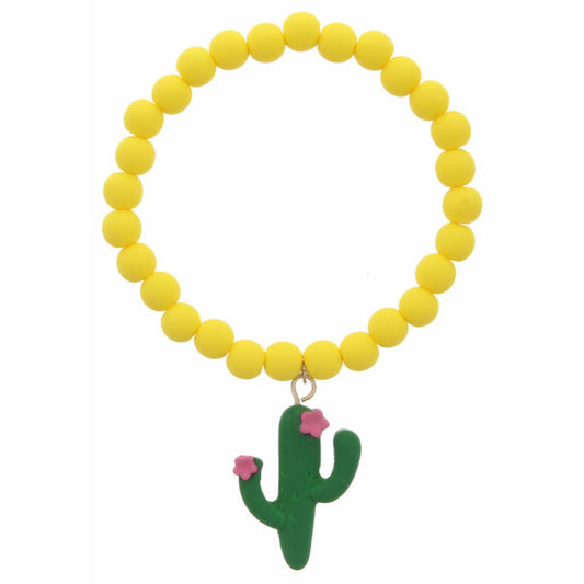 Kids Yellow Matte Rubber Beaded Stretch with Polymer Cactus Bracelet