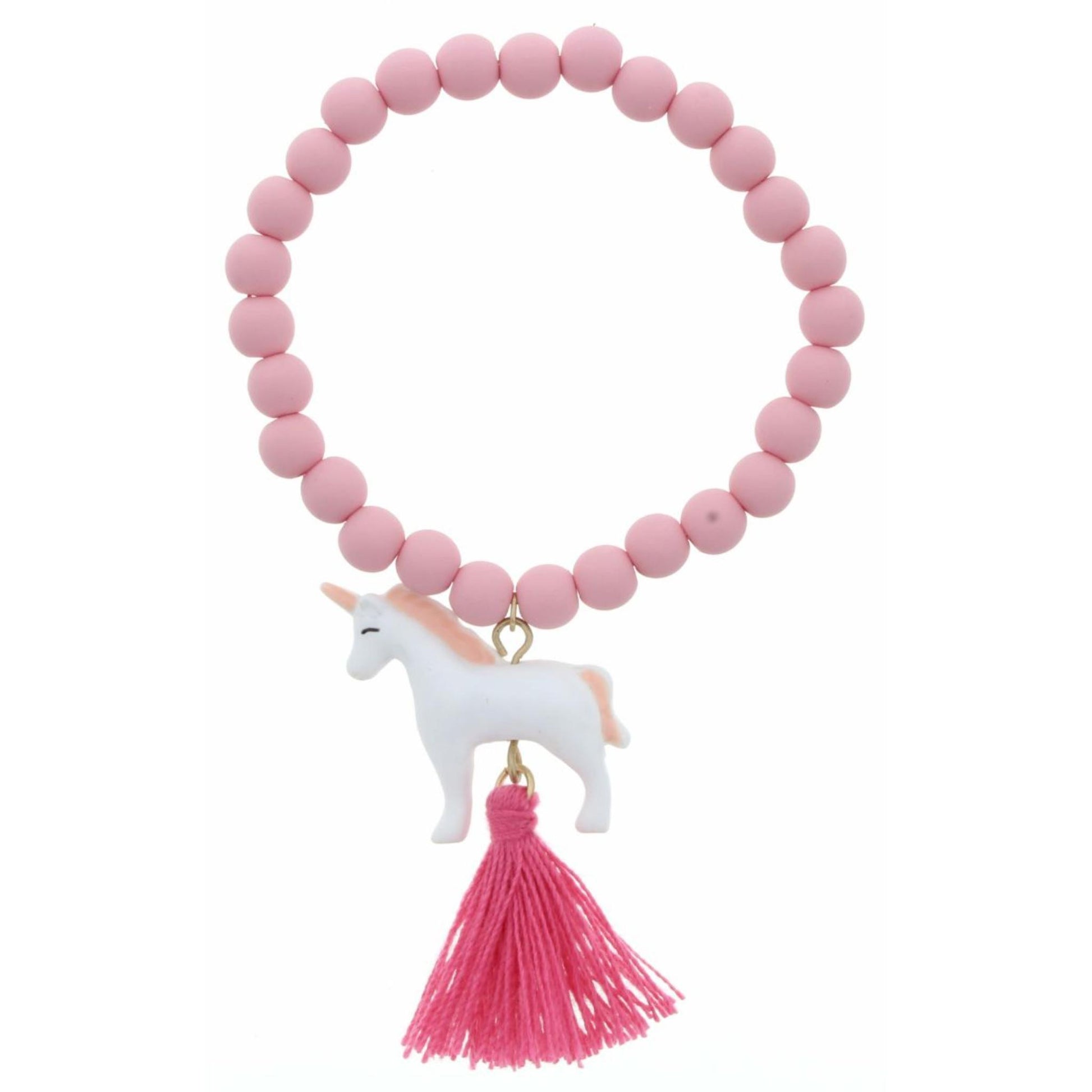 Kids Pink Matte Rubber Beaded Stretch with Polymer Unicorn & Tassel Bracelet