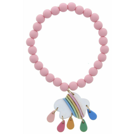 Kids Pink Matte Rubber Beaded Stretch with Polymer Cloud with Raindrops Bracelet