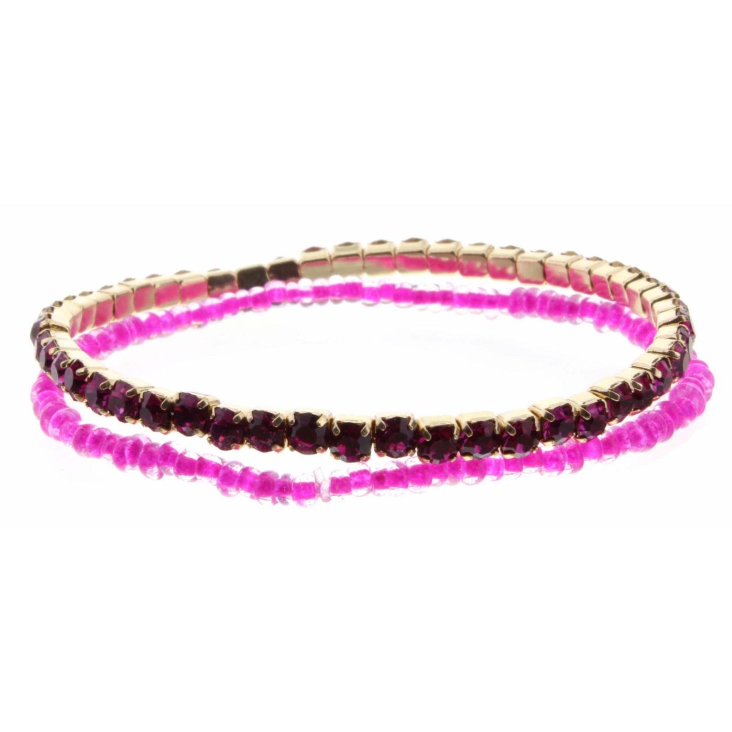 Set of 2, Hot Pink Czech & Seed Bead Stretch Bracelet