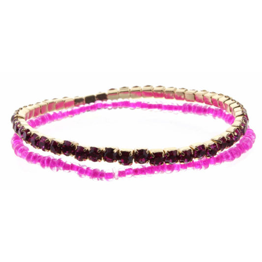 Set of 2, Hot Pink Czech & Seed Bead Stretch Bracelet