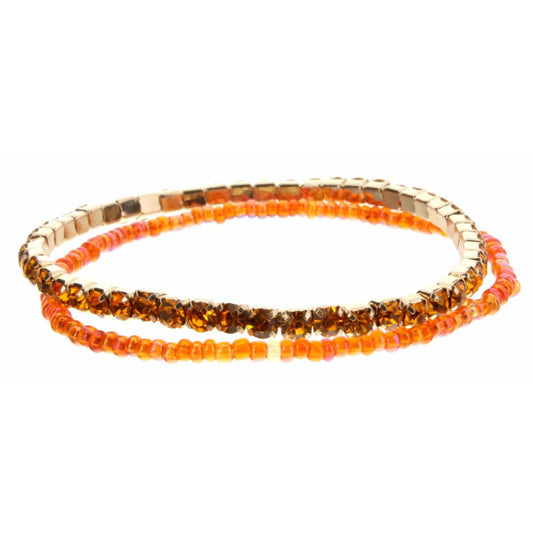 Set of 2, Orange Czech & Seed Bead Stretch Bracelet
