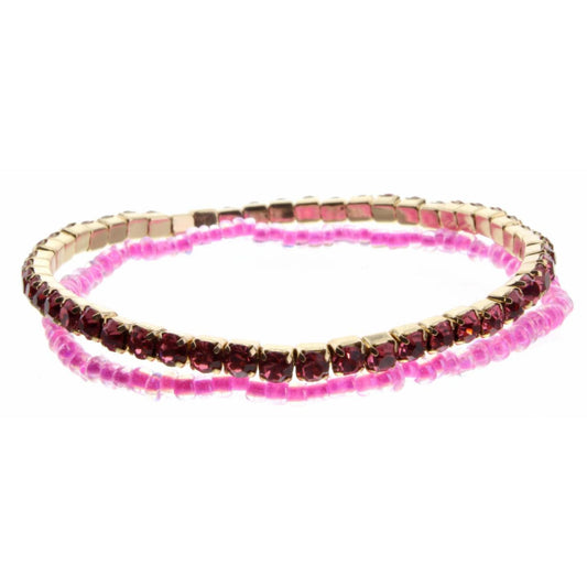 Set of 2, Pink Czech & Seed Bead Stretch Bracelet
