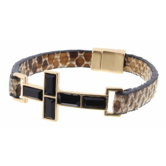 Jet Crystal Cross with Snakeskin Magnetic Band Bracelet