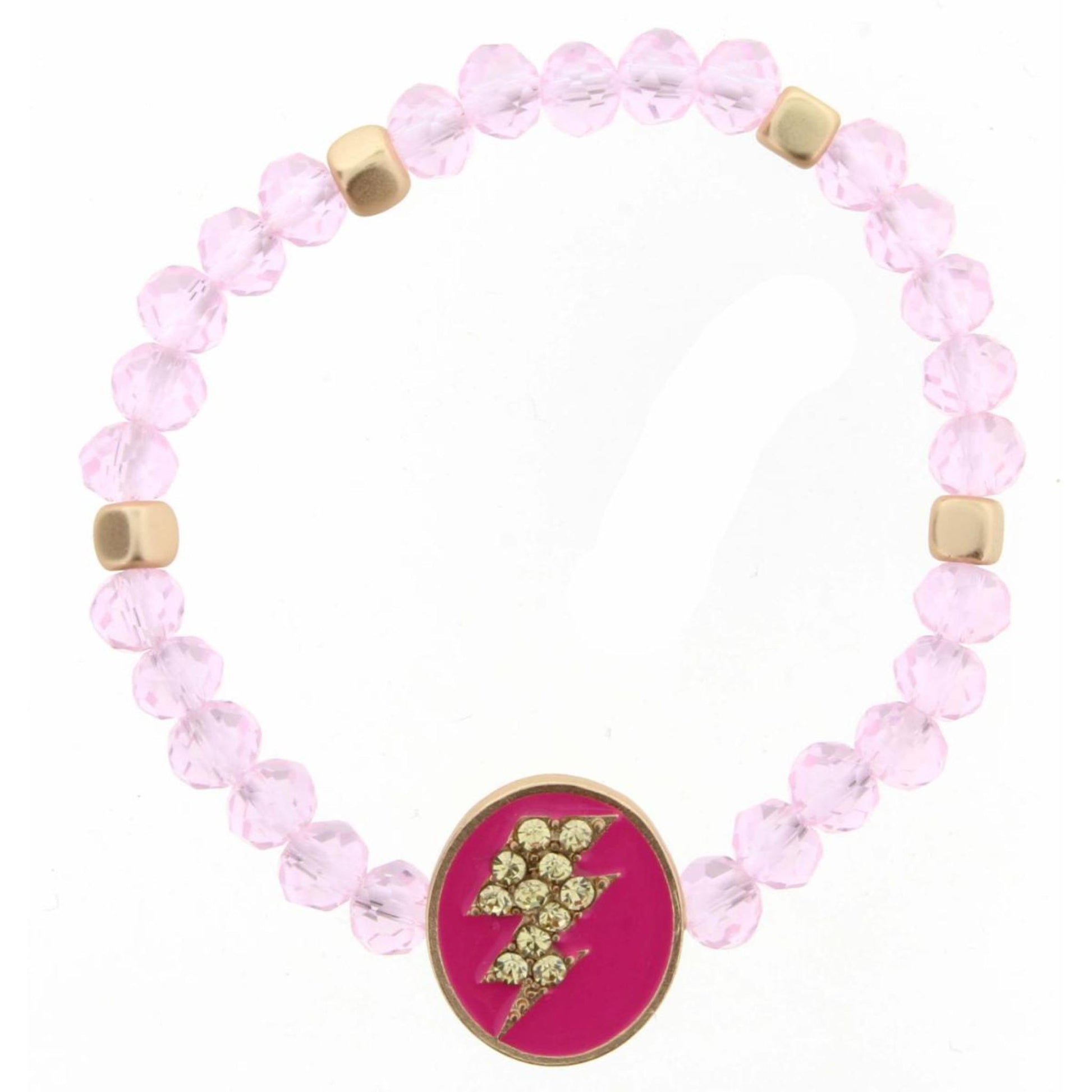 Kids Light Pink Beaded Stretch Crystal Lightning Bolt on Pink Enamel Oval Bracelet