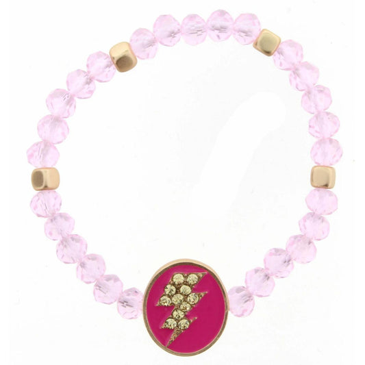Kids Light Pink Beaded Stretch Crystal Lightning Bolt on Pink Enamel Oval Bracelet