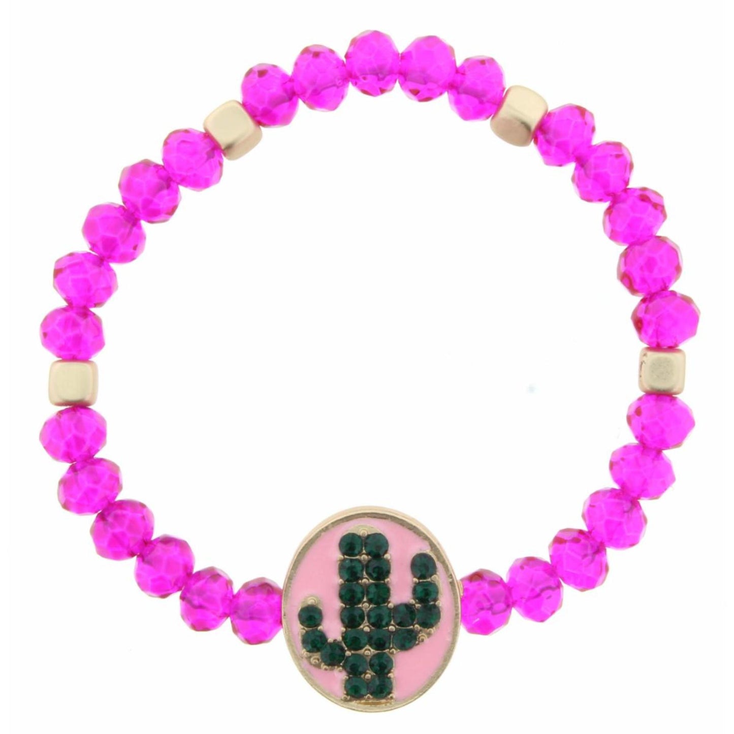 Kids Hot Pink Beaded Stretch Crystal Cactus on Pink Enamel Oval Bracelet
