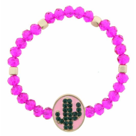 Kids Hot Pink Beaded Stretch Crystal Cactus on Pink Enamel Oval Bracelet