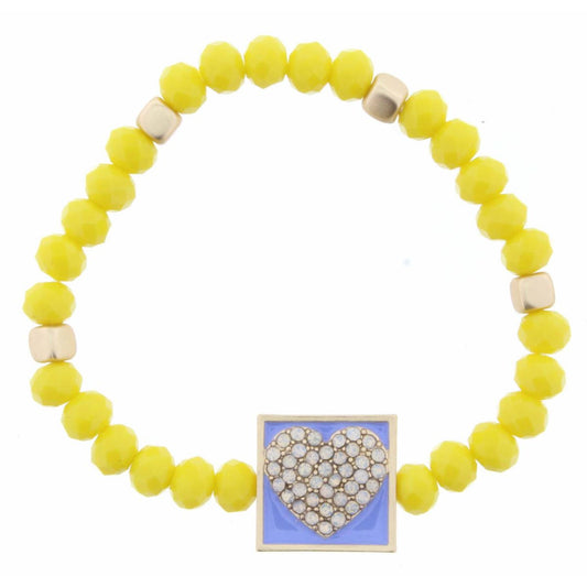 Kids Yellow Beaded Stretch Crystal Heart on Lavender Enamel Square Bracelet
