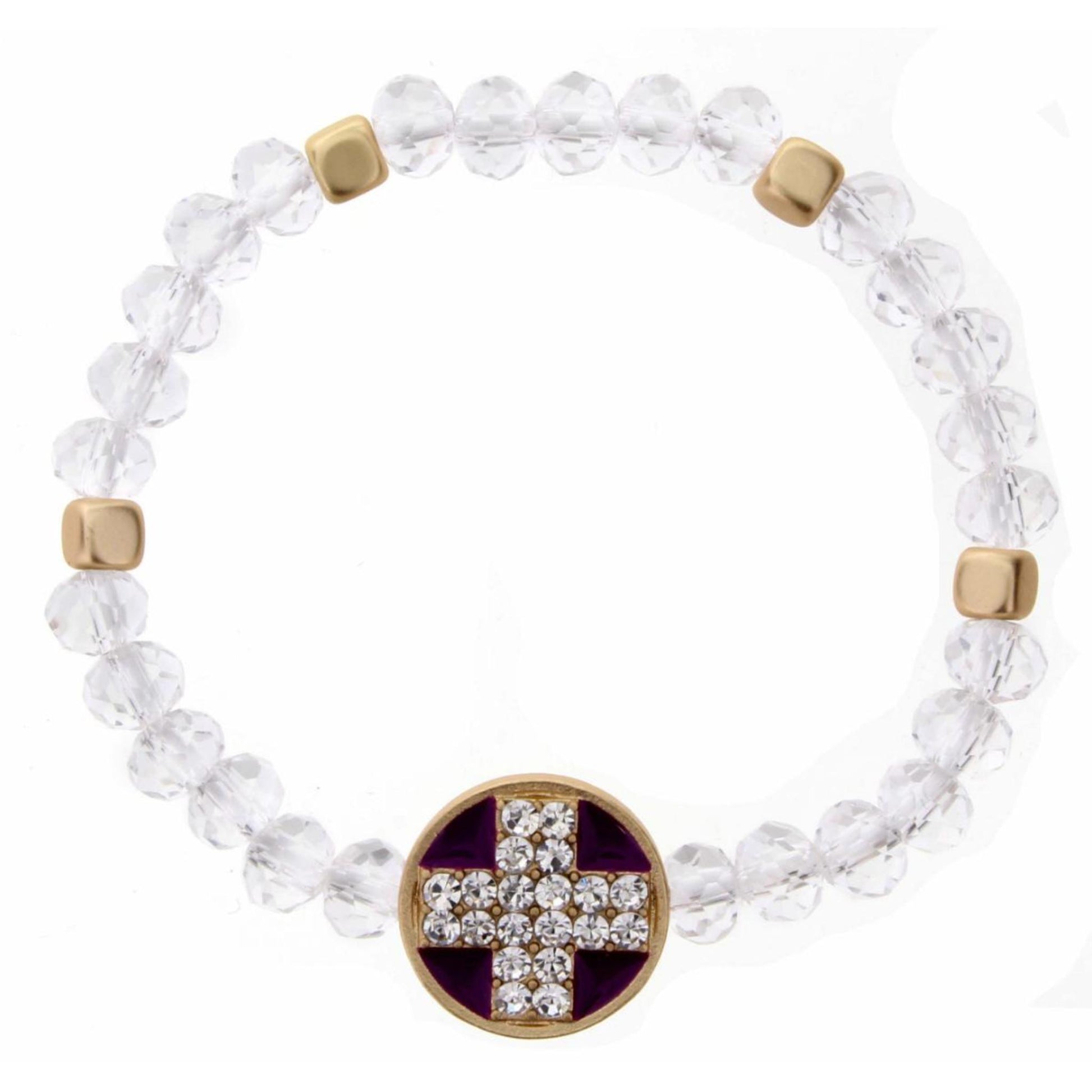 Kids Clear Beaded Stretch Crystal Cross on Purple Enamel Circle Bracelet