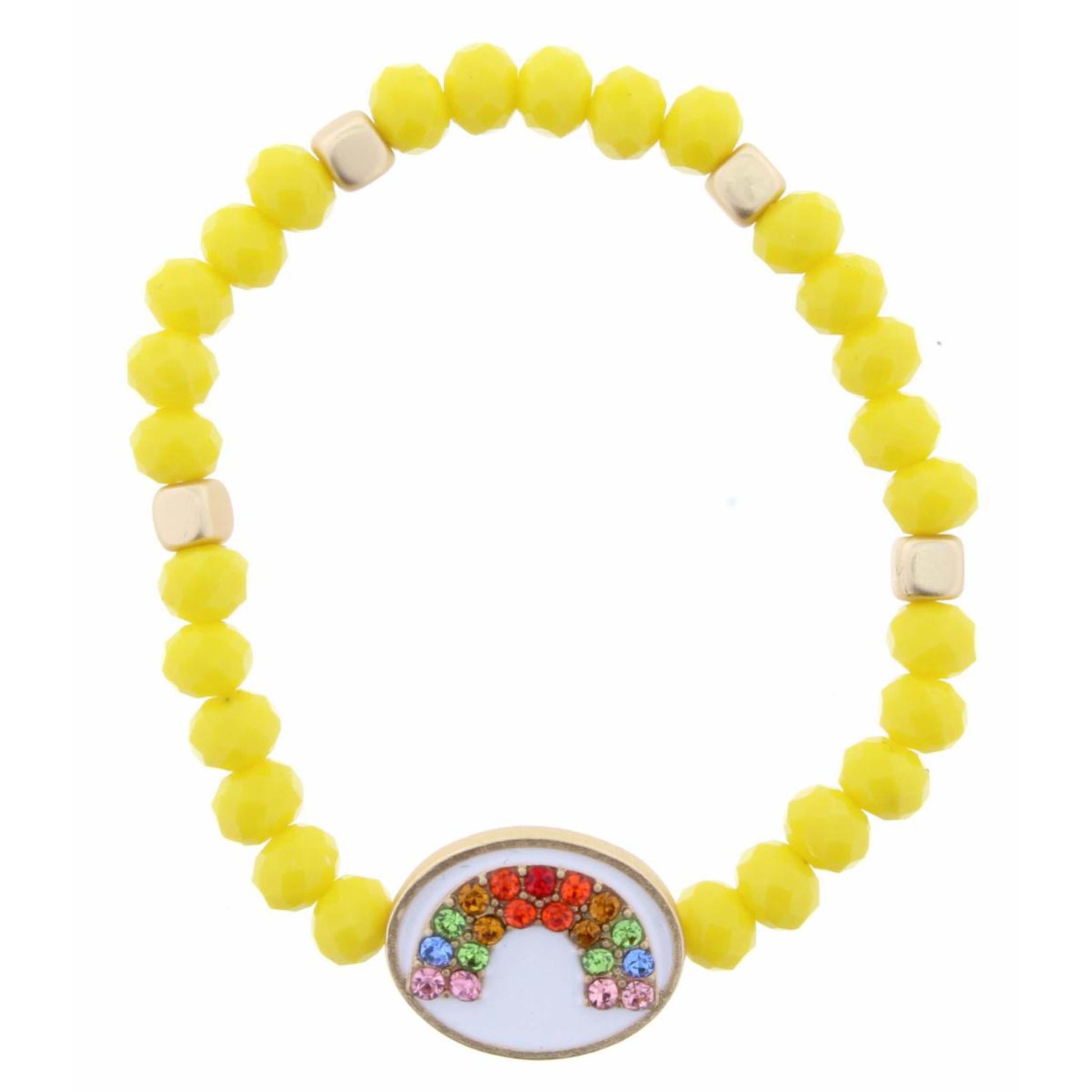 Kids Yellow Beaded Stretch Crystal Rainbow on White Enamel Oval Bracelet