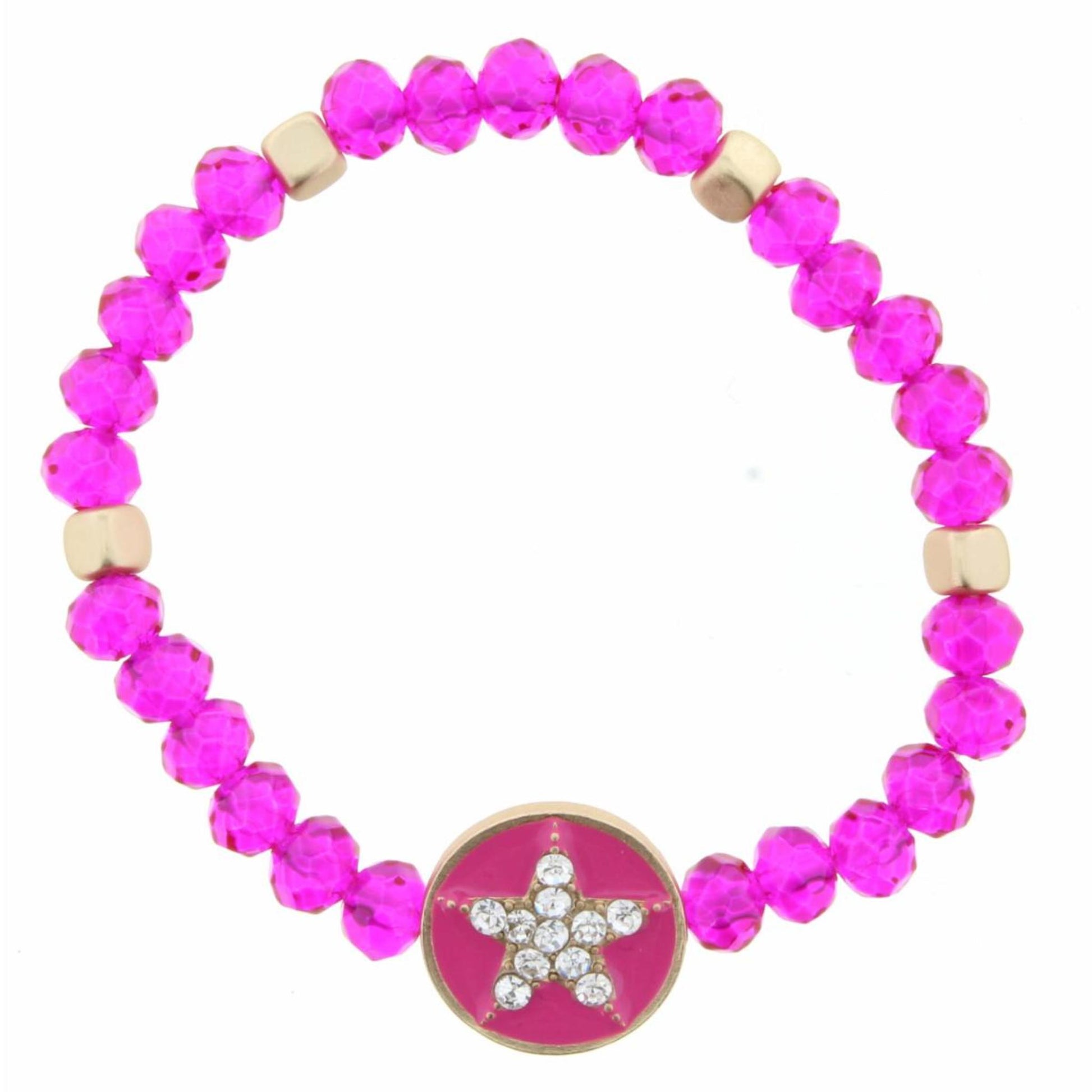 Kids Hot Pink Beaded Stretch Crystal Star on Pink Enamel Circle Bracelet