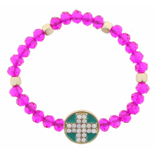 Kids Hot Pink Beaded Stretch Crystal Cross on Teal Enamel Circle Bracelet