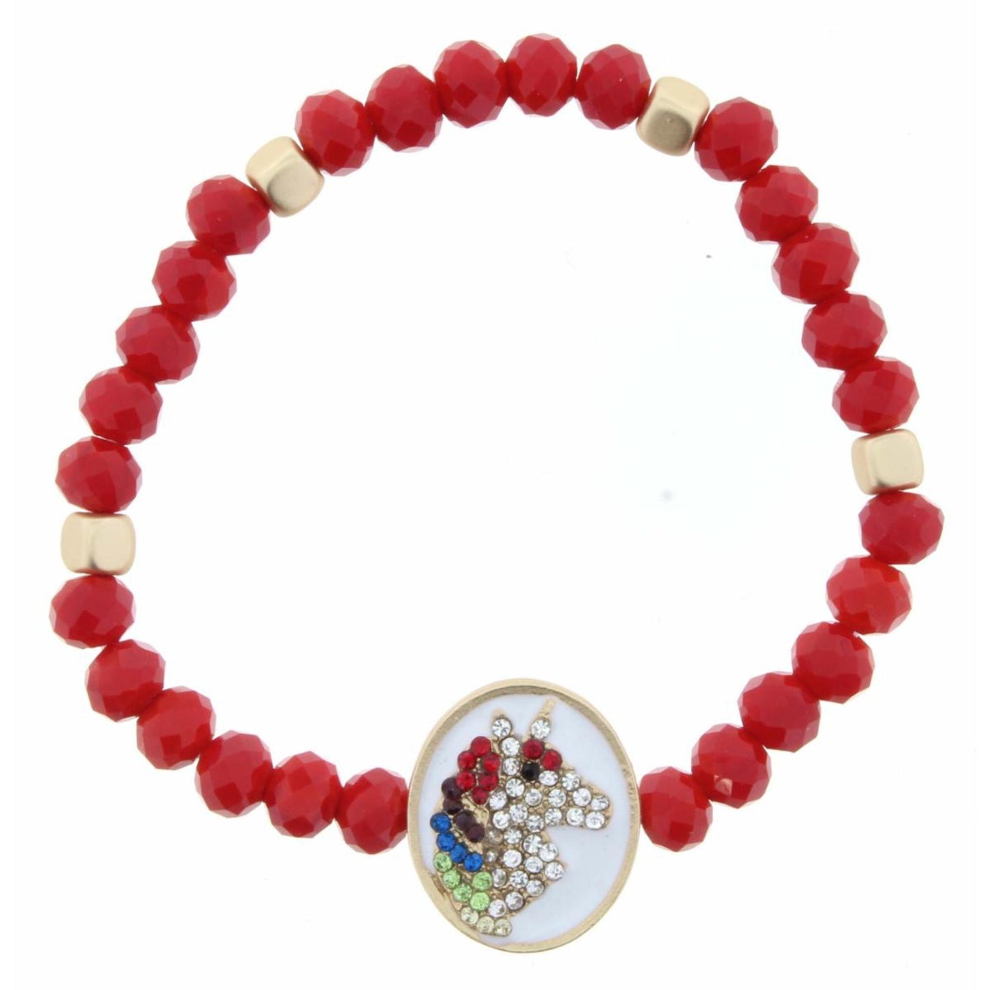 Kids Red Beaded Stretch Crystal Unicorn on White Enamel Oval Bracelet