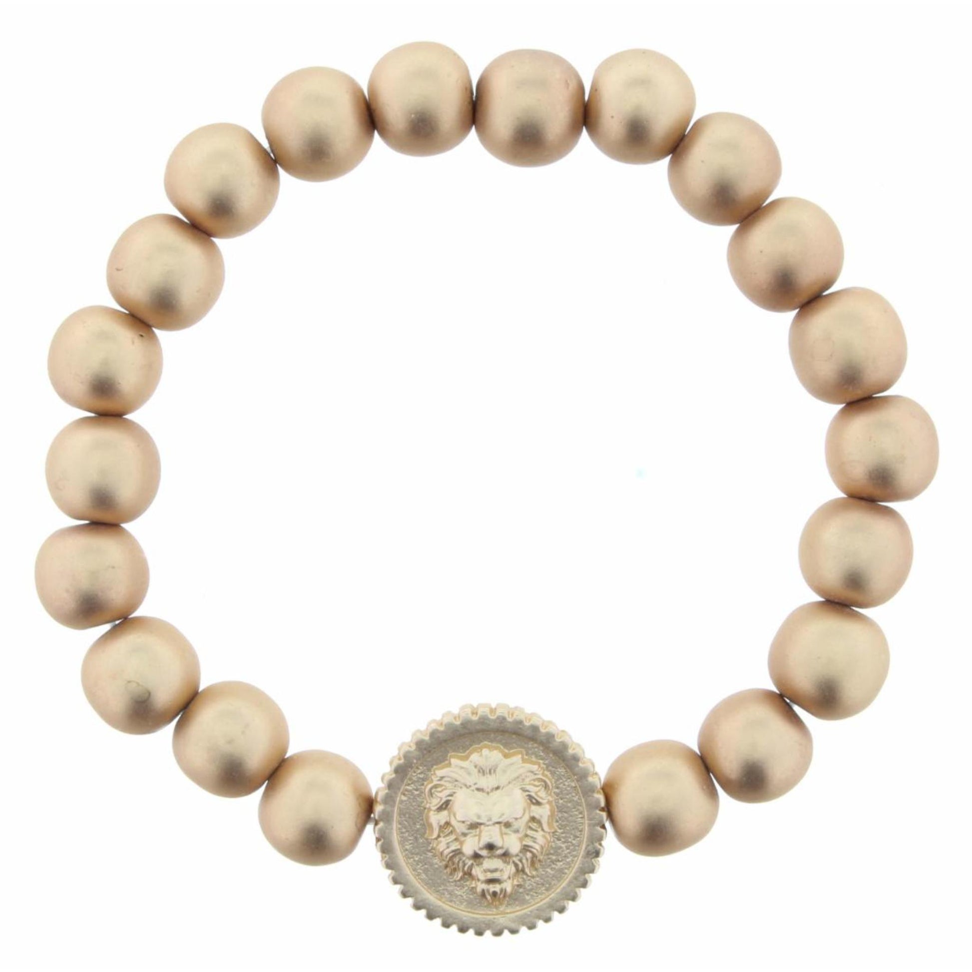Gold Beaded Stretch with Lion Head Circle Charm Bracelet