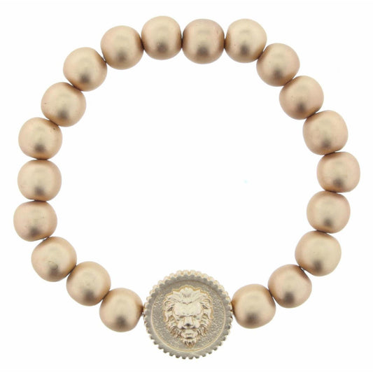 Gold Beaded Stretch with Lion Head Circle Charm Bracelet