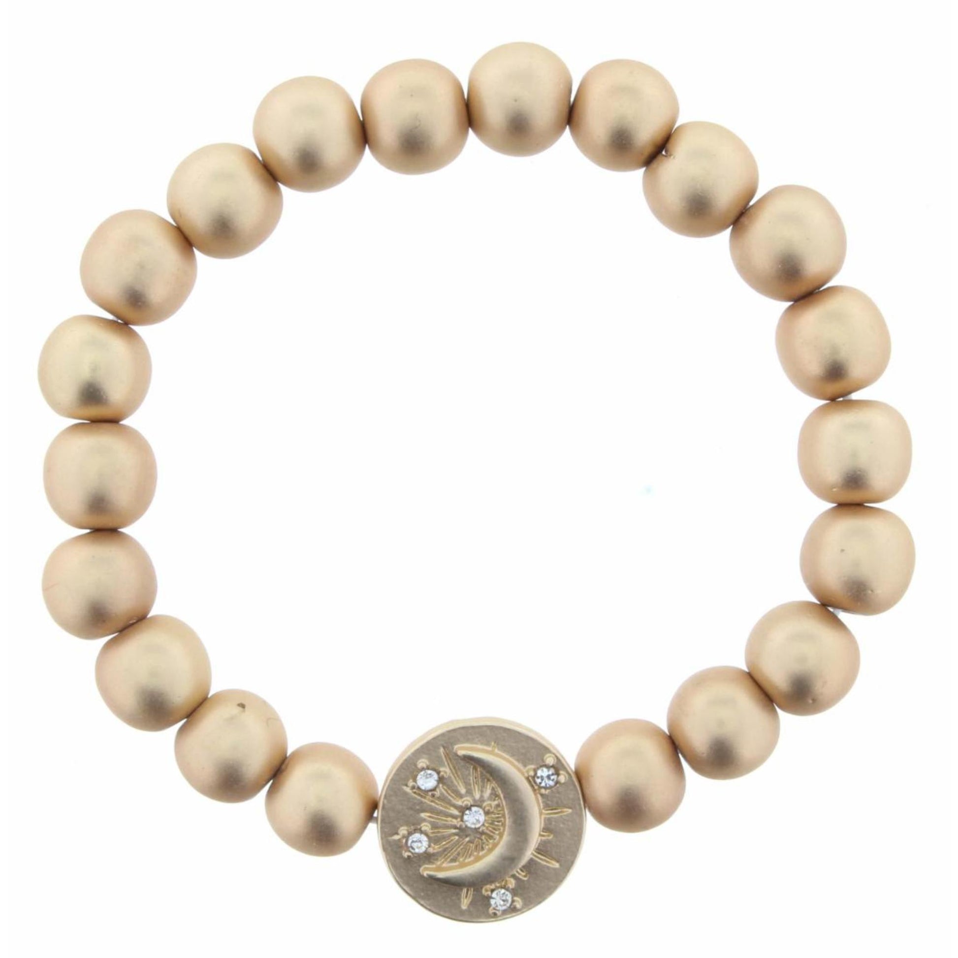 Gold Beaded Stretch with Moon with Crystal Accent Star on Circle Charm Bracelet