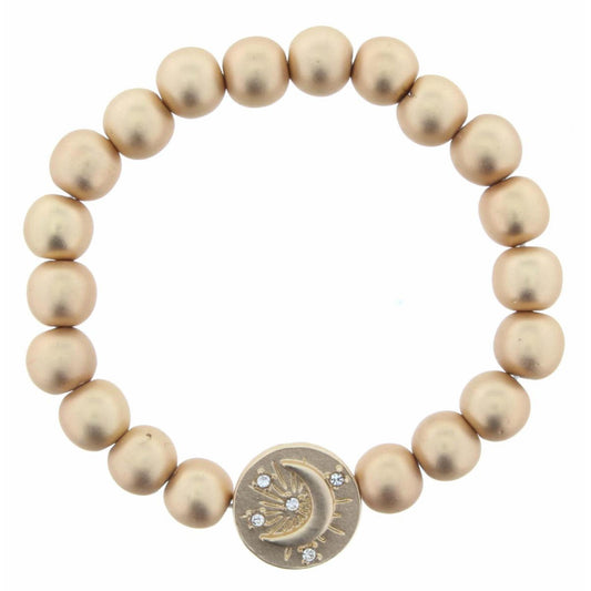 Gold Beaded Stretch with Moon with Crystal Accent Star on Circle Charm Bracelet