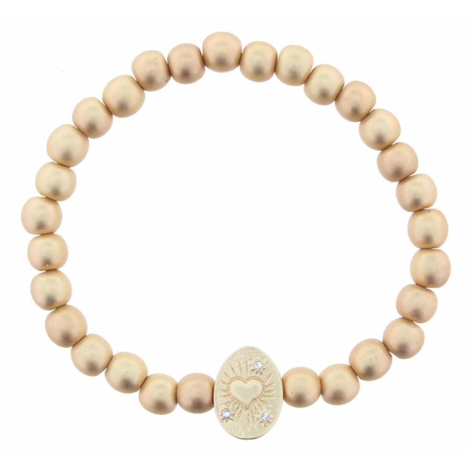 Gold Beaded Stretch with Bee Oval Charm Bracelet