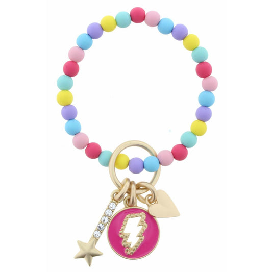 Kids Multi Matte Coated Beaded Stretch with Pink Cutout Lightening Bolt, Heart, Star Drop Charms Bracelet