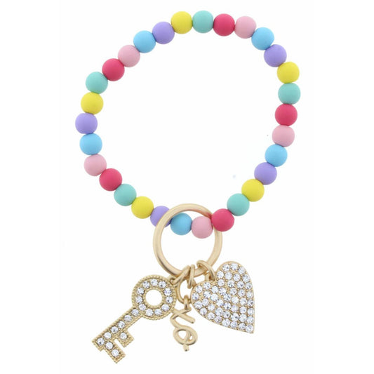 Kids Multi Matte Coated Beaded Stretch with Crystal Heart, Key, "XO" Charms Bracelet