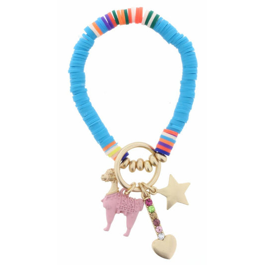 Kids Blue and Multi Color Block Matte Disk Beaded with Llama, Star, Crystal Drop with Heart Charms Bracelet