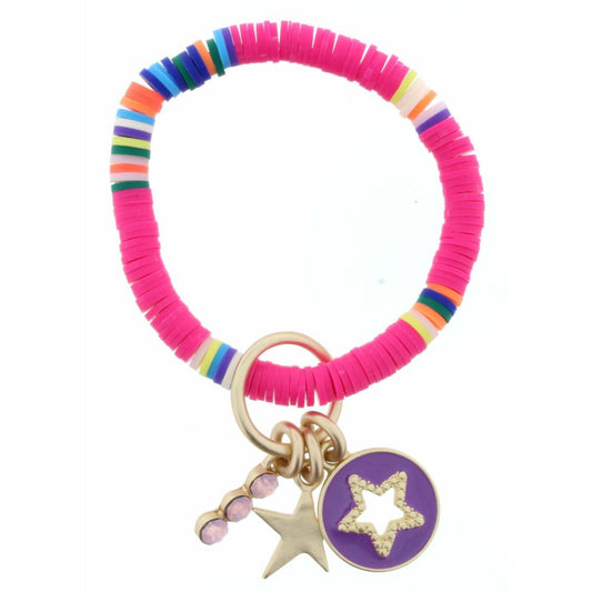Kids Pink and Multi Color Block Matte Disk Beaded with Purple Cutout Star, Star, Pink Crystal Bar Charms Bracelet