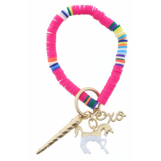 Kids Pink and Multi Color Block Matte Disk Beaded with Unicorn, Unicorn Horn, "XO" Charms Bracelet