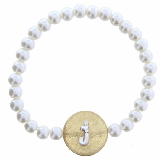 Gold "J" Block Initial on Silver Disc and Pearl Strand Bracelet
