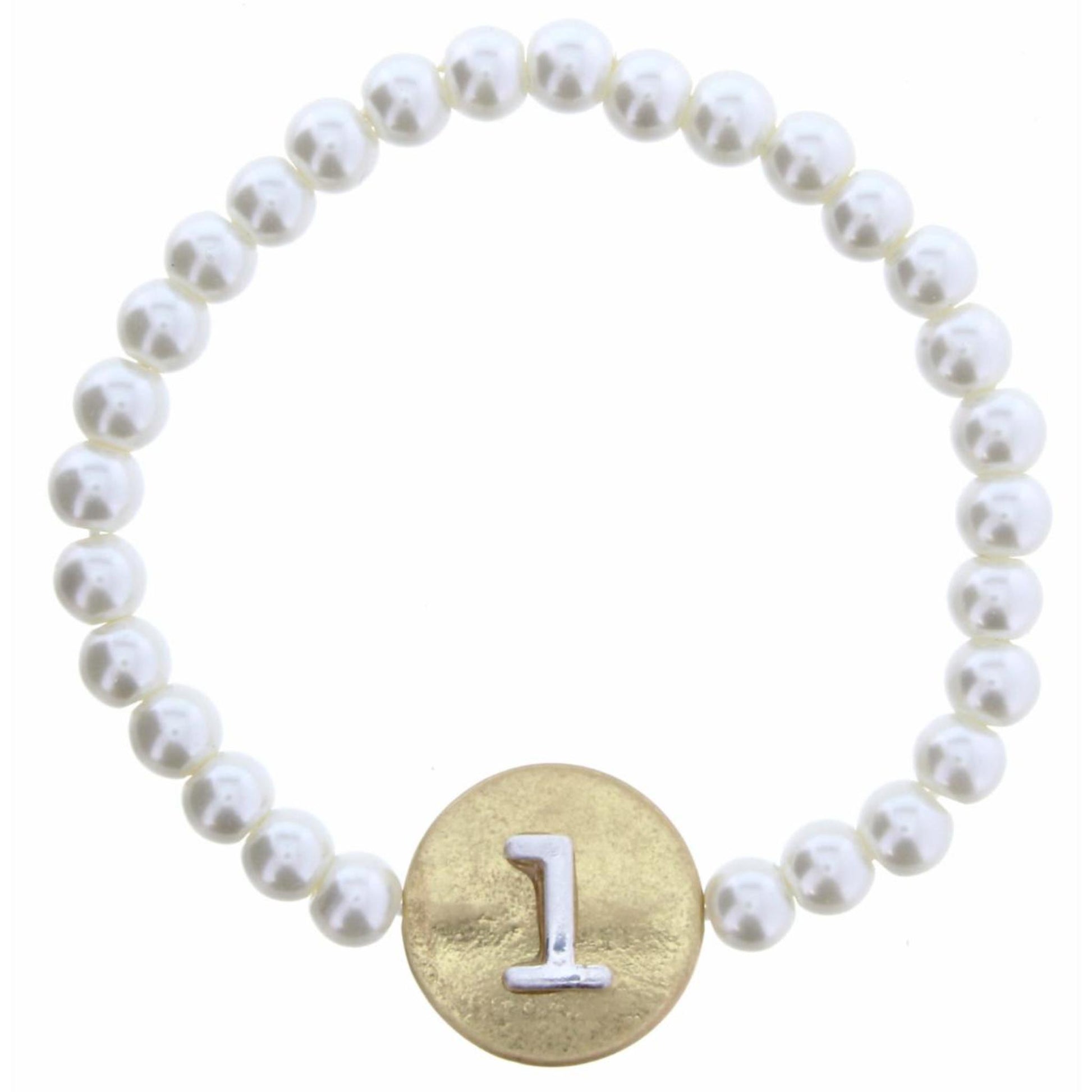 Gold "L" Block Initial on Silver Disc and Pearl Strand Bracelet