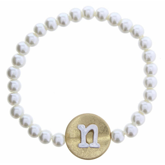 Gold "N" Block Initial on Silver Disc and Pearl Strand Bracelet