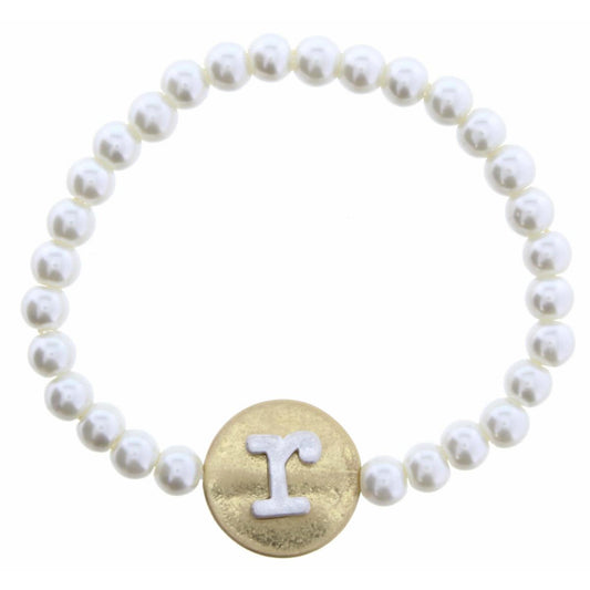 Gold "R" Block Initial on Silver Disc and Pearl Strand Bracelet