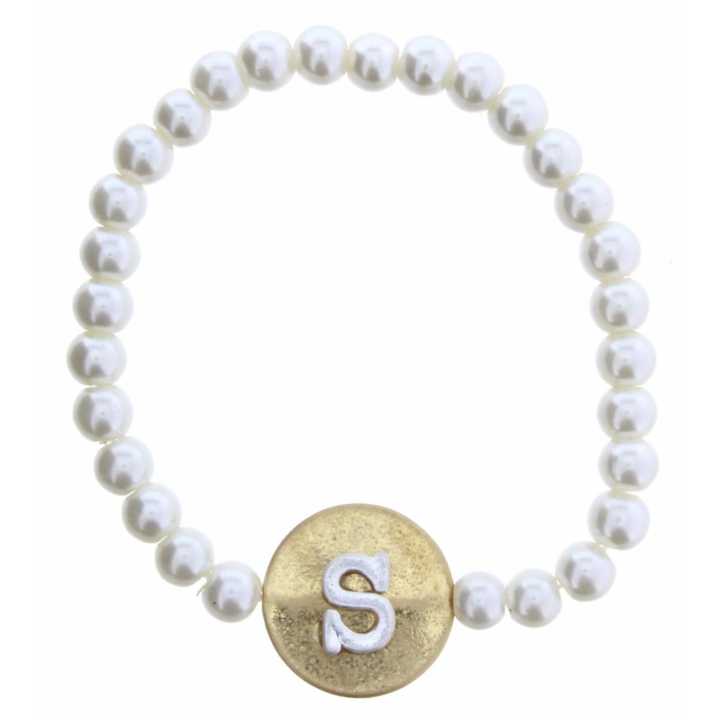 Gold "S" Block Initial on Silver Disc and Pearl Strand Bracelet