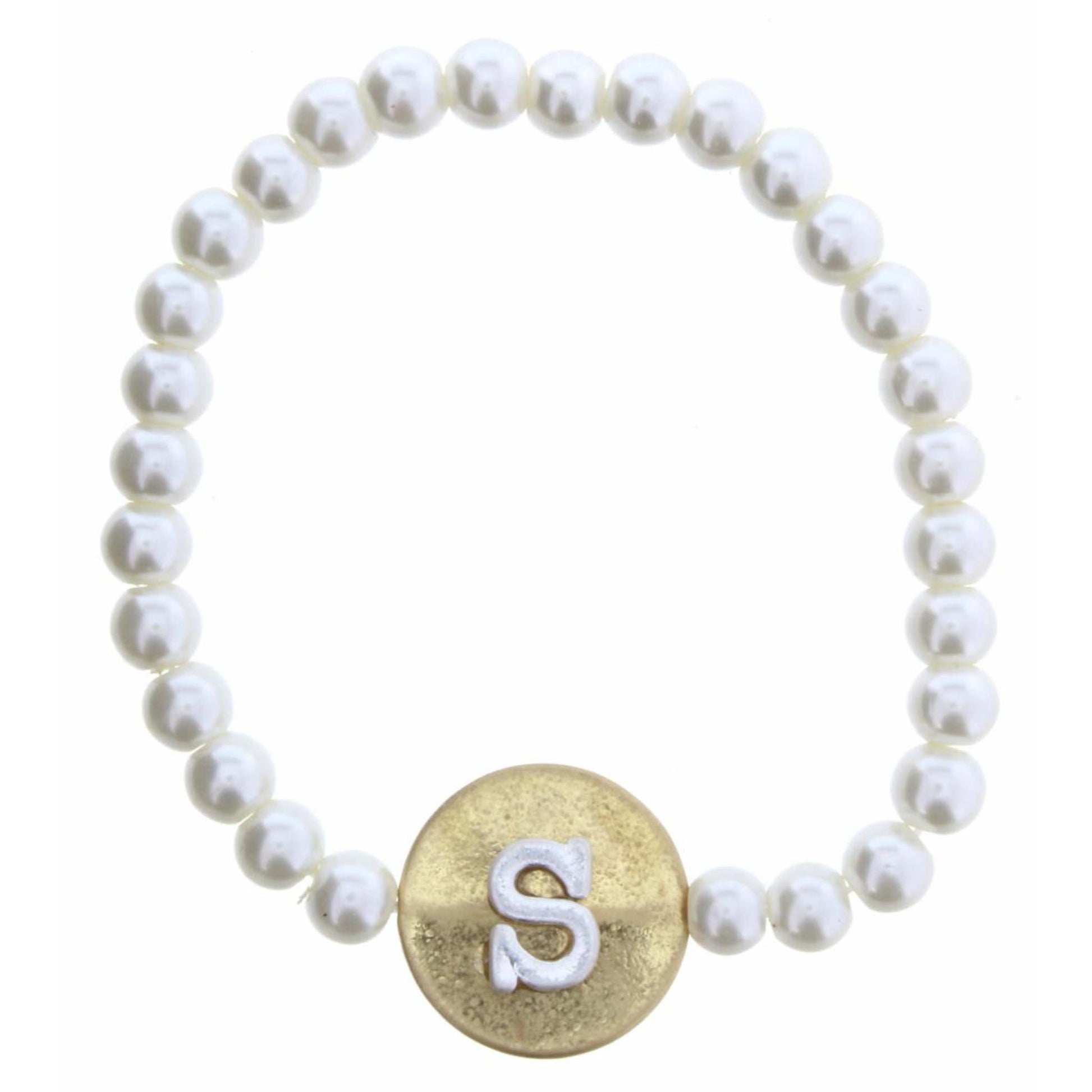Gold "S" Block Initial on Silver Disc and Pearl Strand Bracelet
