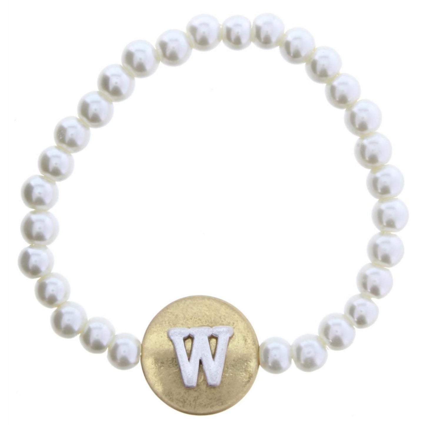 Gold "W" Block Initial on Silver Disc and Pearl Strand Bracelet