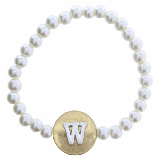 Gold "W" Block Initial on Silver Disc and Pearl Strand Bracelet