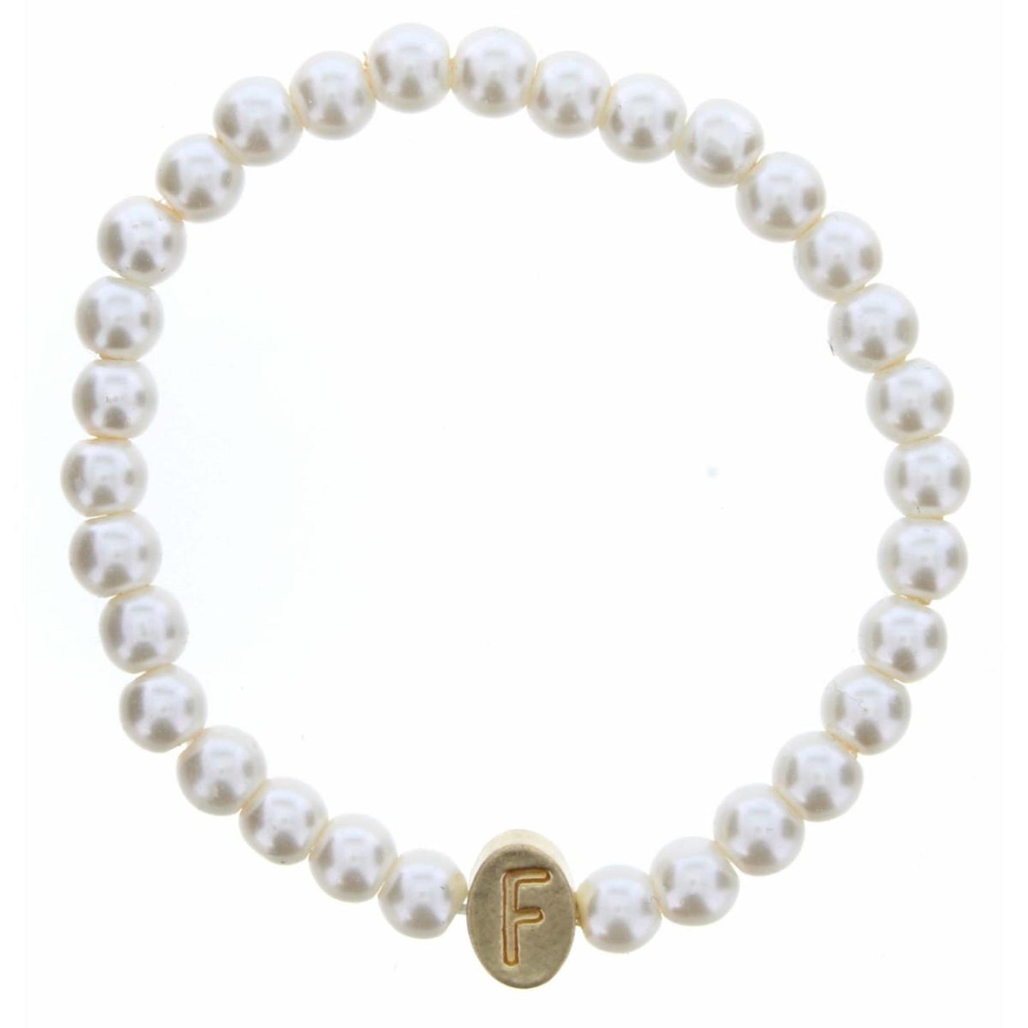 Kids Gold "F" Initial on Pearl Strand Bracelet