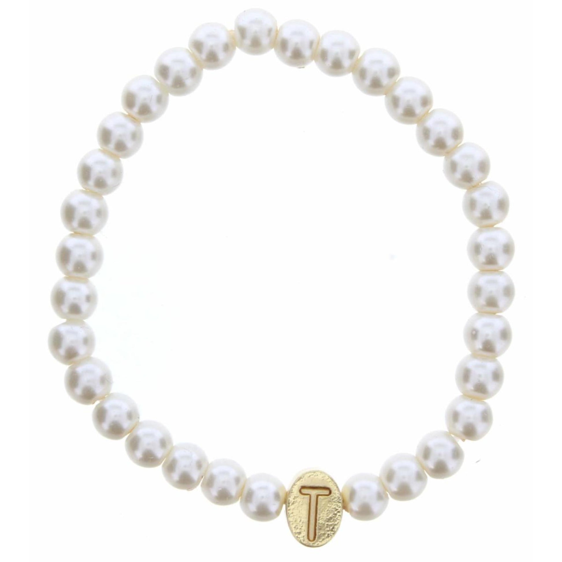 Kids Gold "T" Initial on Pearl Strand Bracelet