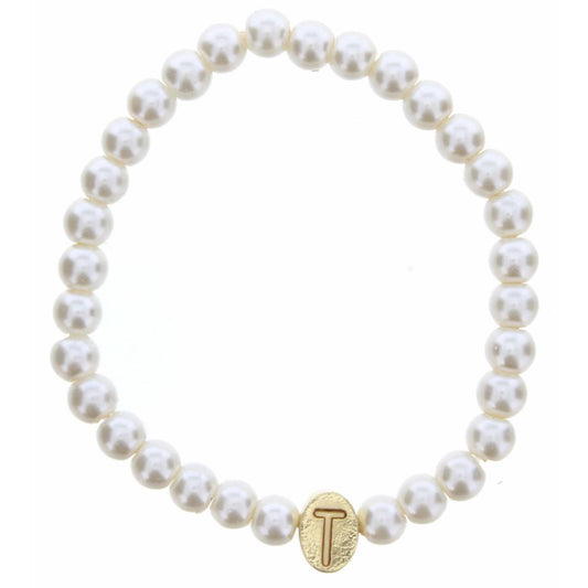 Kids Gold "T" Initial on Pearl Strand Bracelet