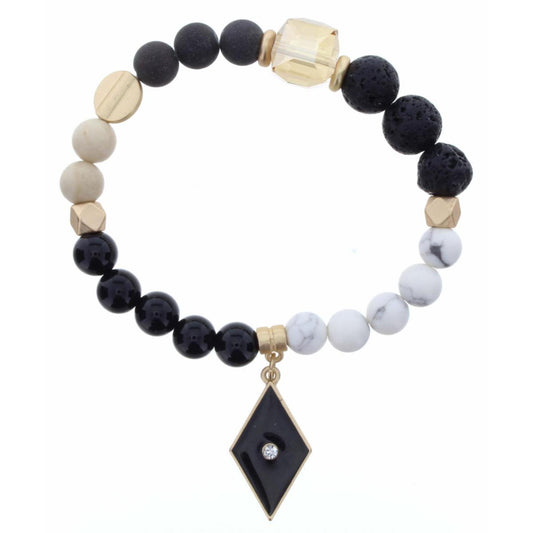 Jet, Tan, and Howlite Beads, Black Enamel Diamond, Clear Crystal Bracelet