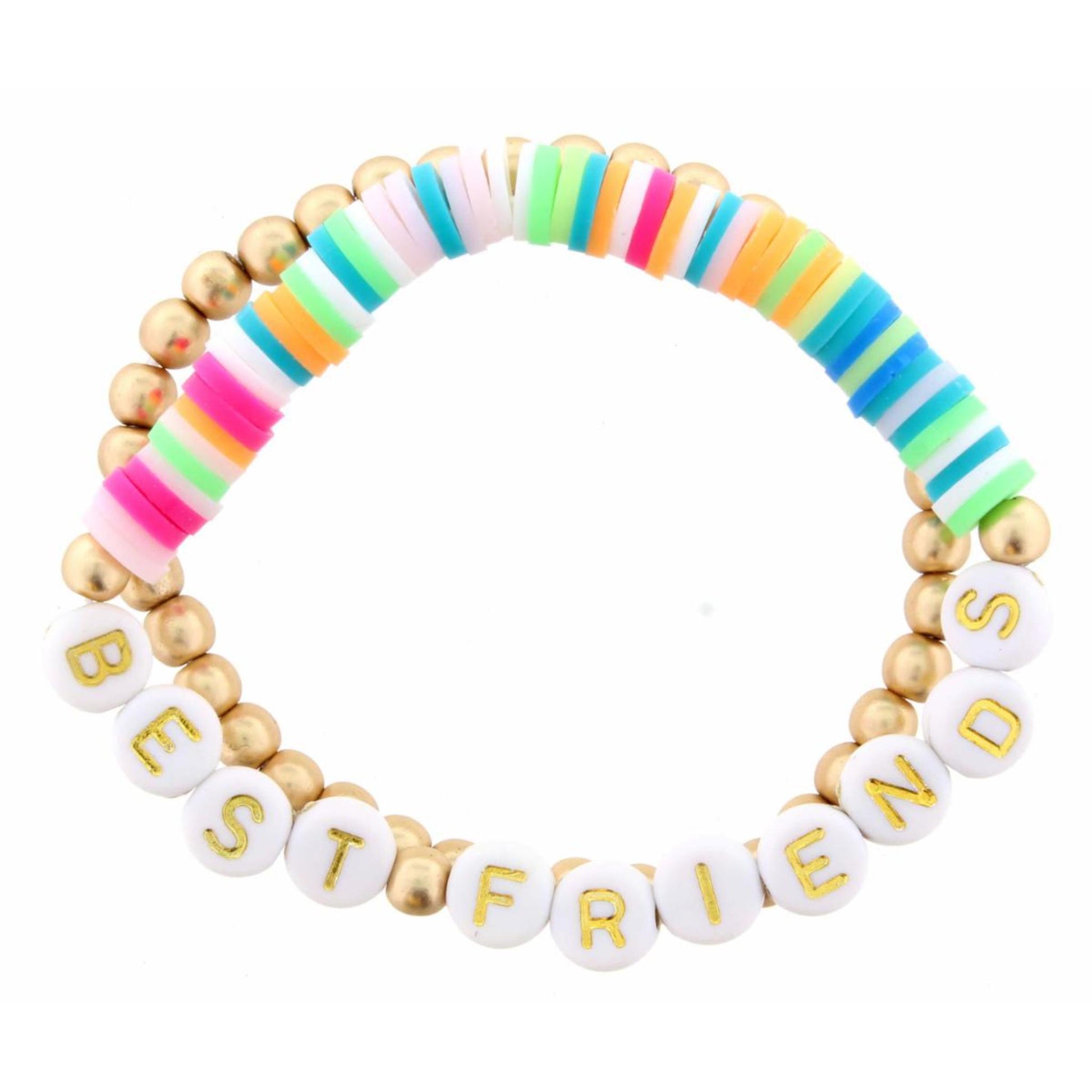 Kids Set of 2, Multi Rubber Disk "Best Friends" with Gold Beaded Bracelet