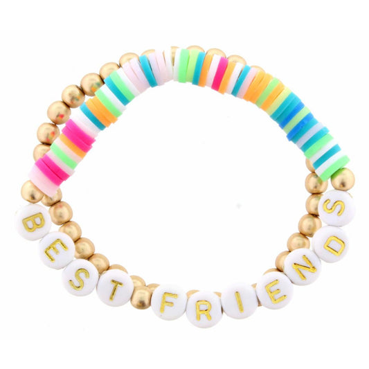 Kids Set of 2, Multi Rubber Disk "Best Friends" with Gold Beaded Bracelet