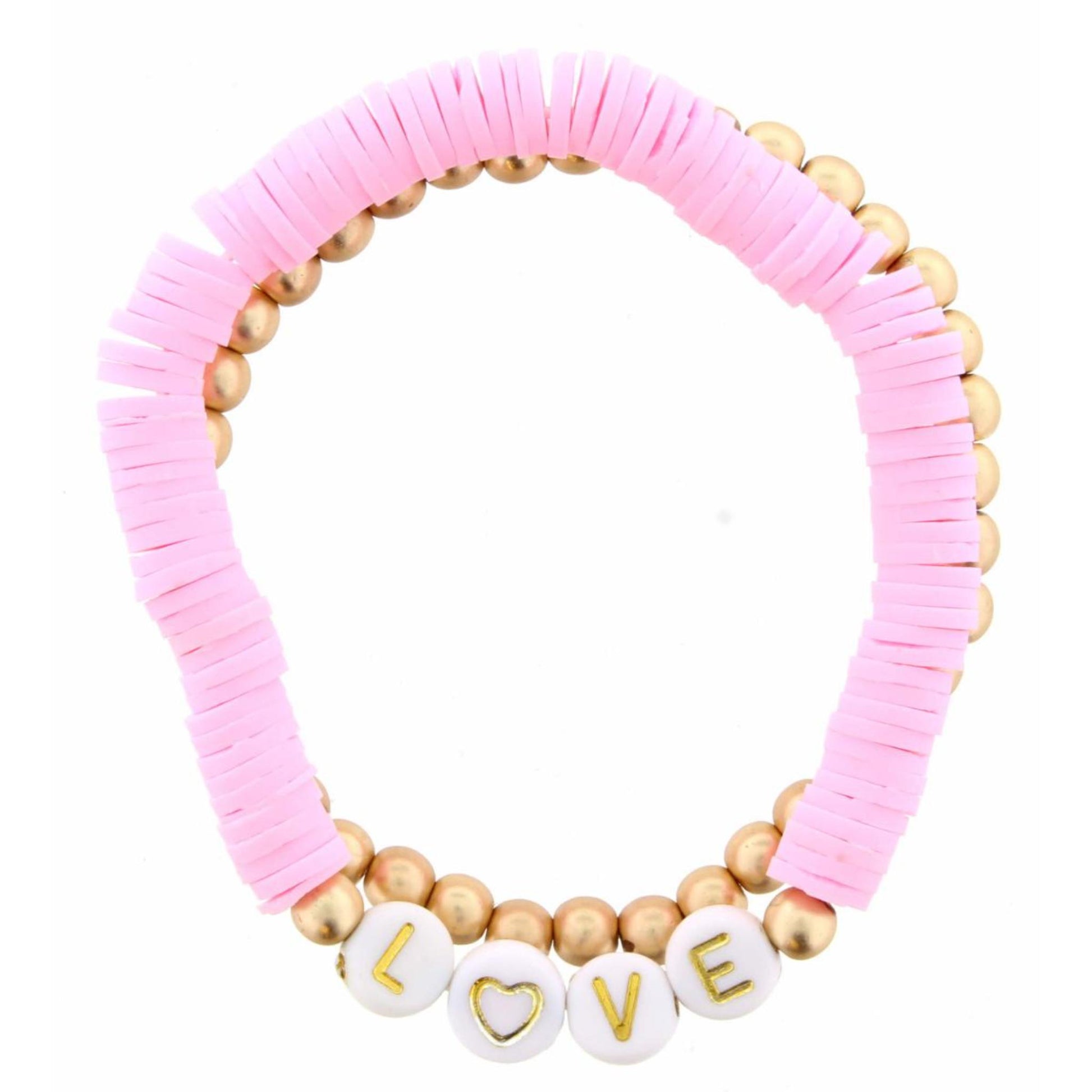 Kids Set of 2, Light Pink Rubber Disk "Love" with Gold Beaded Bracelet