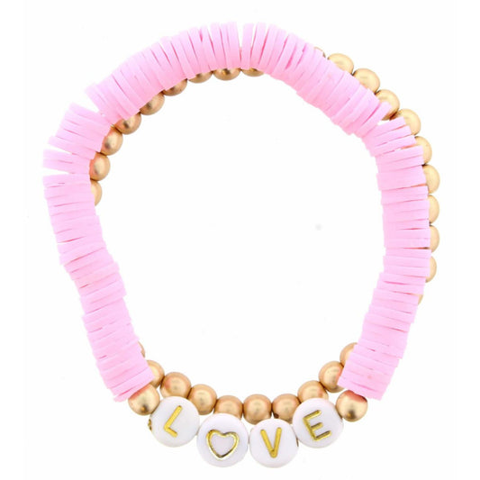 Kids Set of 2, Light Pink Rubber Disk "Love" with Gold Beaded Bracelet