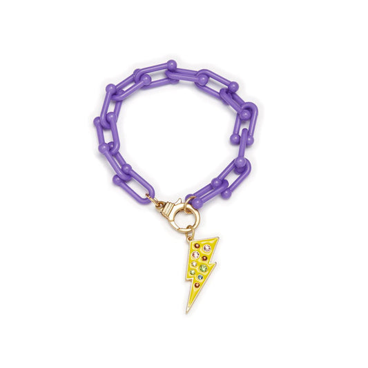 Kids Rhinestone Bolt Charm with Purple Chunky Link Chain Bracelet