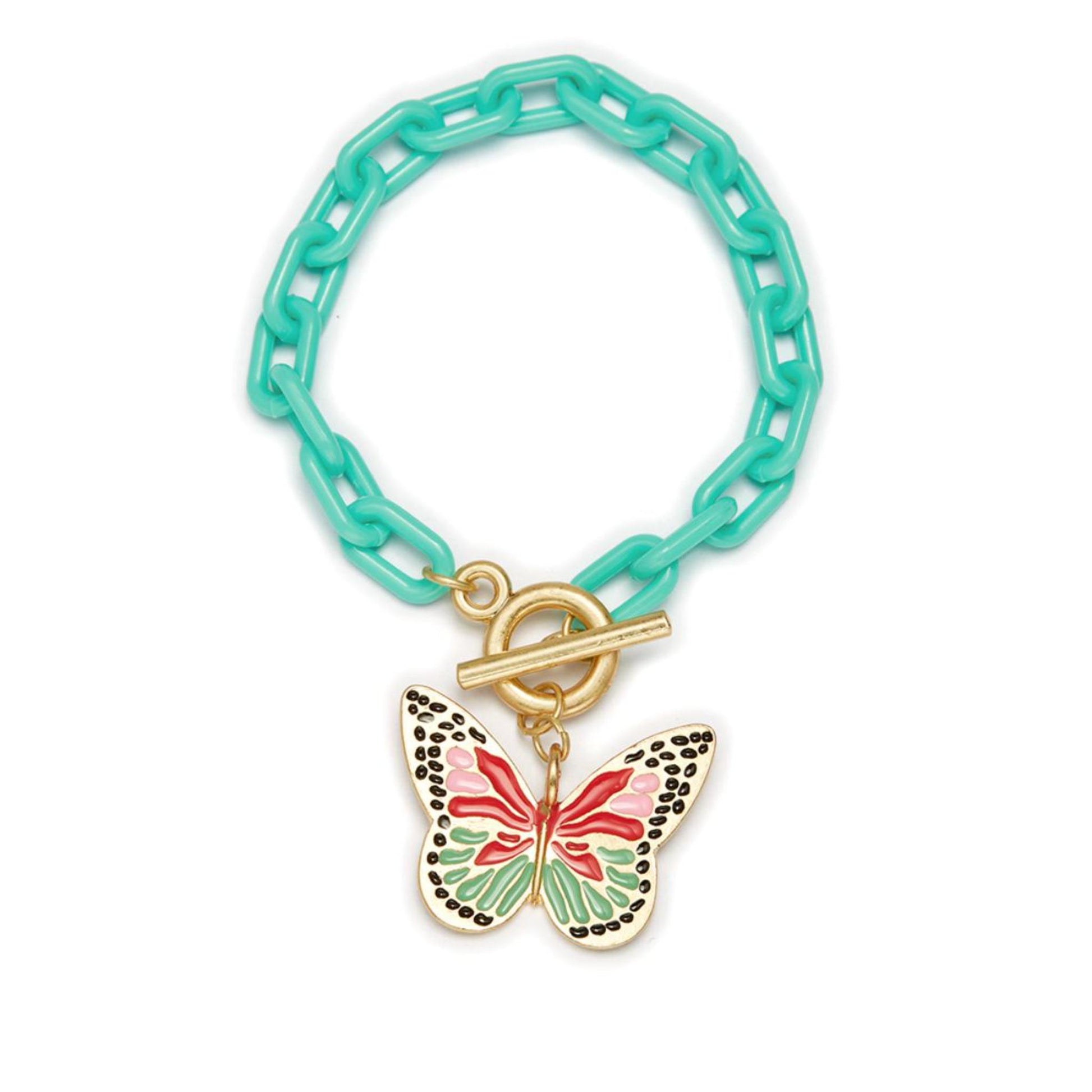 Kids Butterfly Charm with Turquoise Chunky Link Chain Bracelet