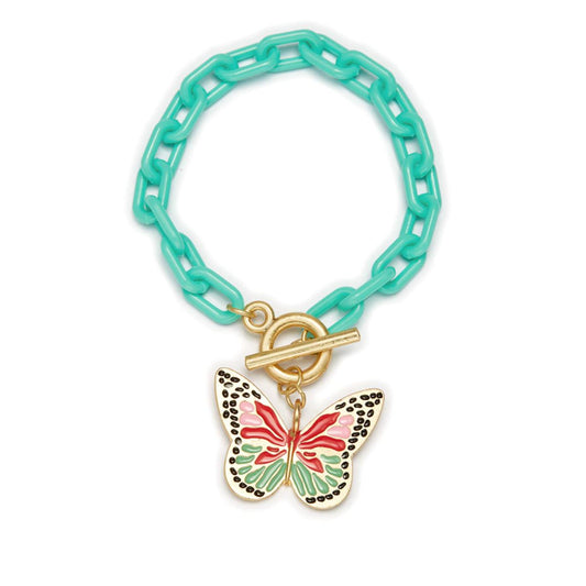 Kids Butterfly Charm with Turquoise Chunky Link Chain Bracelet